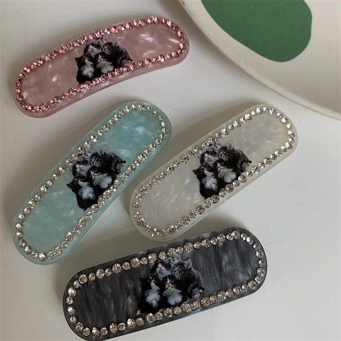 Süße Katze Muster Acetat Haarklammer Mit Strass Dekorativer Seitenclip Marmor Textur Haarnadel Für Damen Mädchen Schmuck