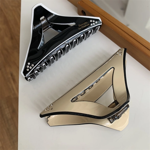 Grande Pince à Cheveux Triangle en Acétate de Cellulose Vintage Français Pour Femmes Élégante Pince Requin Géométrique en Strass