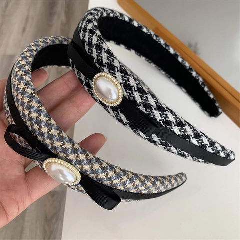 Französisch Retro Hahnentritt Schleife Künstliche Perle Haarreif Für Damen Elegant Stoff Haarband Mode Accessoires