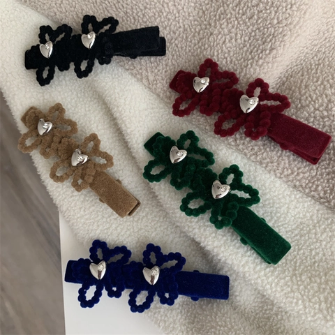 Elegante Fermaglio Per Capelli In Velluto Stile Coreano Con Cuore In Metallo E Strass Accessorio Per Capelli Da Donna