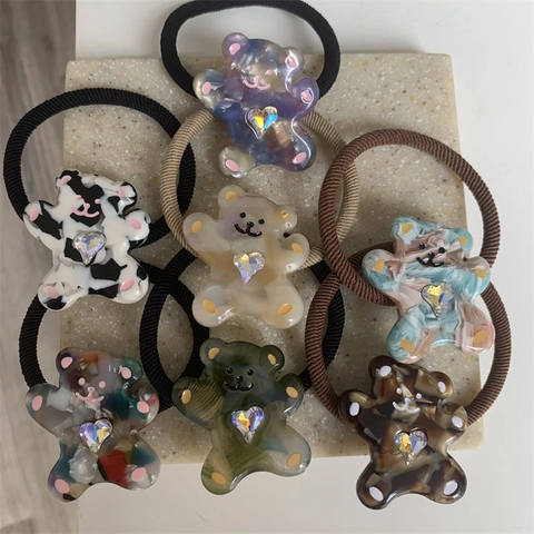 Cuerda para el Cabello de Diamantes de Imitación de Corazón de Oso de Dibujos Animados Lazo para el Cabello de Resina Dulce