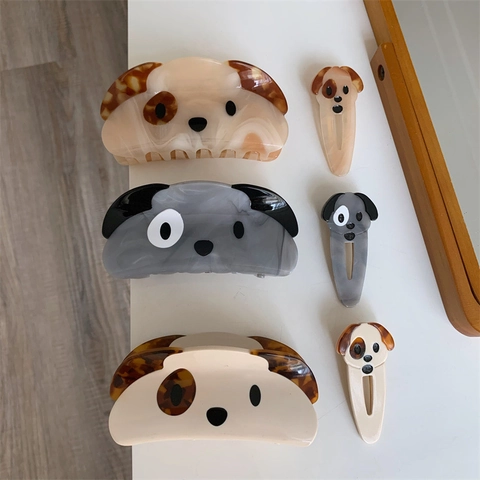 Schattige Acetaat Hondengezicht Haarklauw Voor Dames Cartoon Dier Patchwork Haarklem Minimalistisch Grijs Beige Wit Haaraccessoires