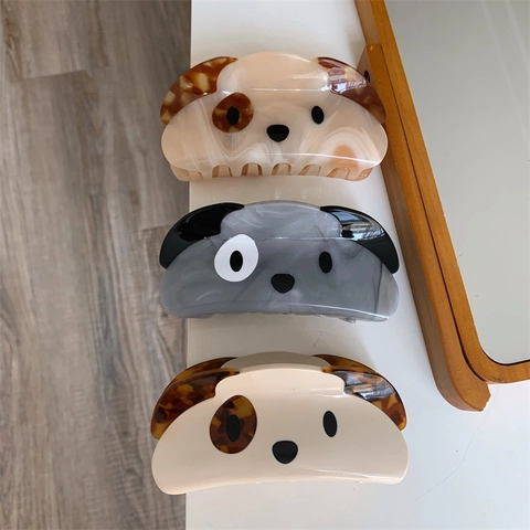 Schattige Acetaat Hondengezicht Haarklauw Voor Dames Cartoon Dier Patchwork Haarklem Minimalistisch Grijs Beige Wit Haaraccessoires