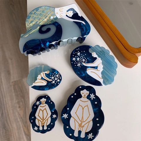 Pince à Cheveux en Acétate Artistique Créatif Forme Sirène Motif Marbre Bleu Vagues Vintage Grande Pince Requin Accessoires de Coiffure pour Femmes