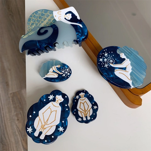 Pince à Cheveux en Acétate Artistique Créatif Forme Sirène Motif Marbre Bleu Vagues Vintage Grande Pince Requin Accessoires de Coiffure pour Femmes