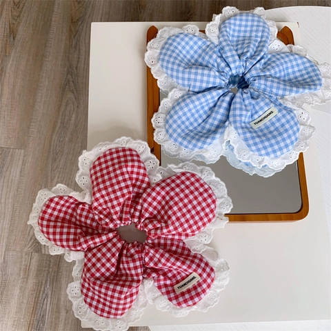 Vintage Gingham Ύφασμα Λουλούδι Μεγάλο Scrunchie Λάστιχο Μαλλιών Με Δαντελωτό Τελείωμα Για Γυναίκες Χειροποίητα Αξεσουάρ Μαλλιών