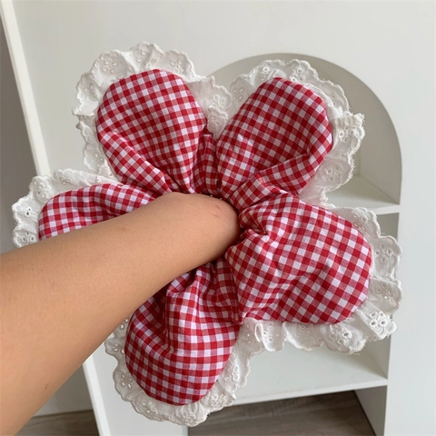 Vintage Gingham Ύφασμα Λουλούδι Μεγάλο Scrunchie Λάστιχο Μαλλιών Με Δαντελωτό Τελείωμα Για Γυναίκες Χειροποίητα Αξεσουάρ Μαλλιών