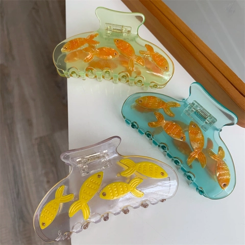 Pinza para el Pelo Creativa de Pez Dorado Traslúcida para Mujer Dulce Forma de Pez Estrás Plástico Accesorios para el Cabello