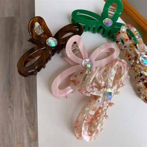 Elegant Bow Cellulose Acetate Hair Claw Clip With Rhinestone Vintage Korean Style Shark Clip Hair Accessories For Women