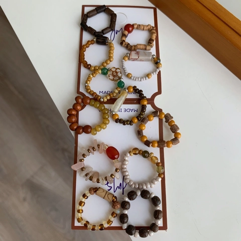 Retro New Chinese Style Beaded Ring For Women Natural Stone Wood Beads Elastic Band Ring Handmade Boho Ethnic Finger Ring