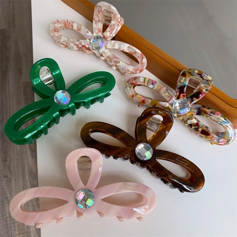 Elegant Bow Cellulose Acetate Hair Claw Clip With Rhinestone Vintage Korean Style Shark Clip Hair Accessories For Women