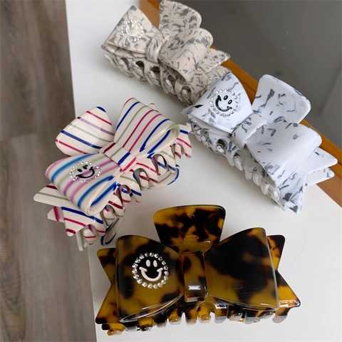 Women's Sweet Acetate Bow Hair Claw Clip Rhinestone Smiley Face Marble Leopard Print Large Shark Clip Fashion Hair Accessories