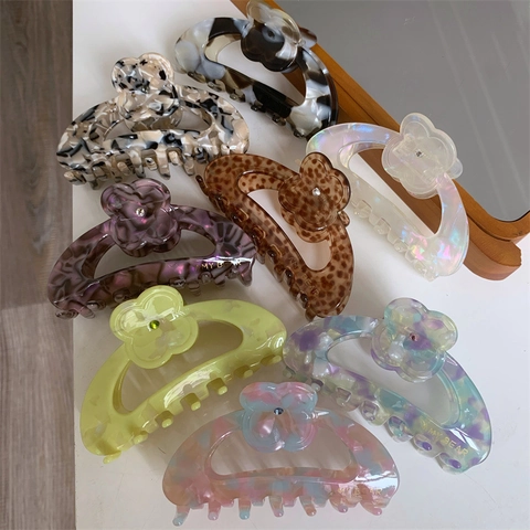 Elegant Acetate Flower Hair Claw Clip Rhinestone Marble Texture Stylish Floral Grab Nonslip Hairpin Women Hair Accessory