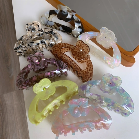 Elegant Acetate Flower Hair Claw Clip Rhinestone Marble Texture Stylish Floral Grab Nonslip Hairpin Women Hair Accessory