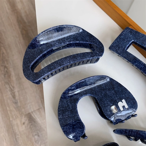 Vintage Denim Texture PVC Κλάμερ Μαλλιών για Γυναίκες Ατομικό Σχέδιο Στρας Φιόγκος Μόδα Γεωμετρικά Αξεσουάρ Μαλλιών