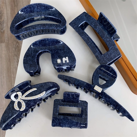 Vintage Denim Texture PVC Κλάμερ Μαλλιών για Γυναίκες Ατομικό Σχέδιο Στρας Φιόγκος Μόδα Γεωμετρικά Αξεσουάρ Μαλλιών