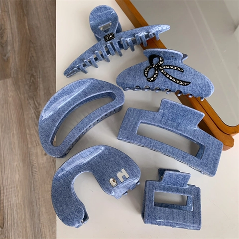 Pinza per Capelli Grande in Trama Denim da Donna Vintage Blu Denim Fiocco Strass Shark Clip per Capelli Spessi Accessori Moda