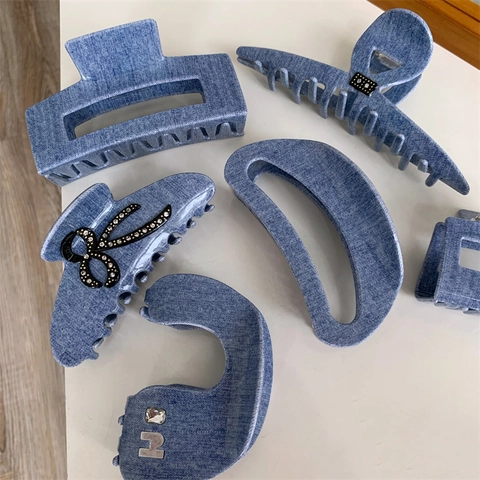 Pinza per Capelli Grande in Trama Denim da Donna Vintage Blu Denim Fiocco Strass Shark Clip per Capelli Spessi Accessori Moda