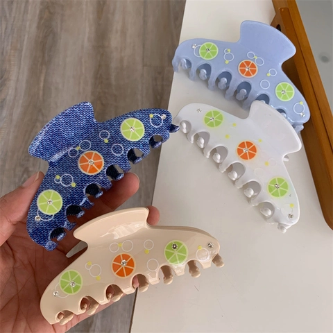 Sweet Fruit Lemon Print Acetate Hair Claw With Rhinestones Fashion Citrus Pattern Shark Clip For Women Hair Accessories