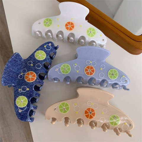 Sweet Fruit Lemon Print Acetate Hair Claw With Rhinestones Fashion Citrus Pattern Shark Clip For Women Hair Accessories