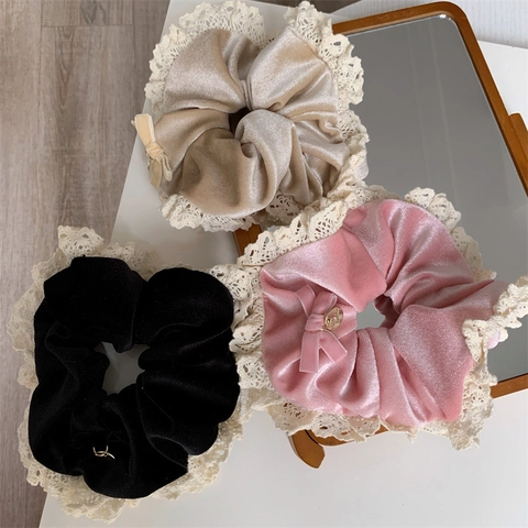 Coletero de Terciopelo con Lazo y Encaje Estilo Coreano con Colgante de Metal para Mujer Accesorios de Cabello Retro