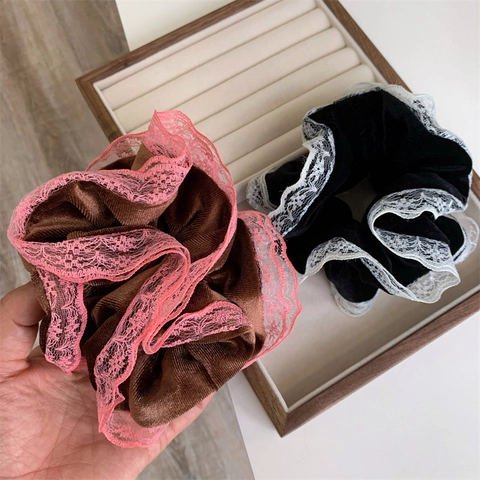 Chouchous Élégants en Velours et Dentelle Chouchous Surdimensionnés Doux Vintage Café Noir Élastiques à Cheveux Femme