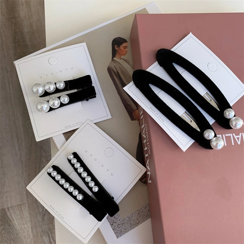 Fermaglio per Capelli in Velluto Nero Vintage Francese Con Perle Artificiali Elegante Fermaglio a Becco d'Anatra Fatto a Mano per Donna