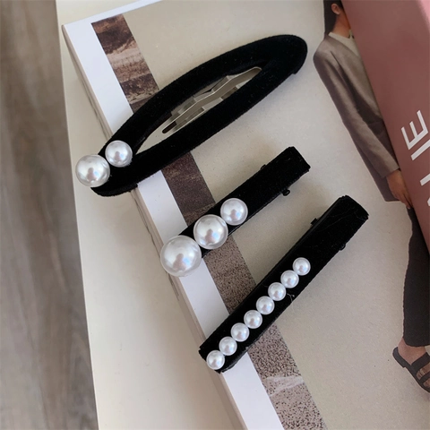 Fermaglio per Capelli in Velluto Nero Vintage Francese Con Perle Artificiali Elegante Fermaglio a Becco d'Anatra Fatto a Mano per Donna