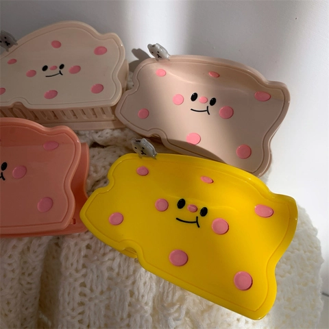 Cute Cartoon Cheese Hair Clip Sweet Smiley Face Large Grab Clip Acetate Polka Dot Hair Claw With 3D Cat Decoration For Women Girls