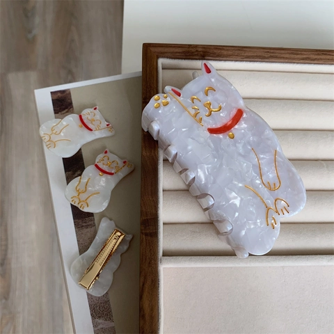 Cute Cartoon Lucky Cat Acetate Hair Claw Clip For Women Handmade Animal Design Duckbill Clip White Marble Texture Hair Accessories
