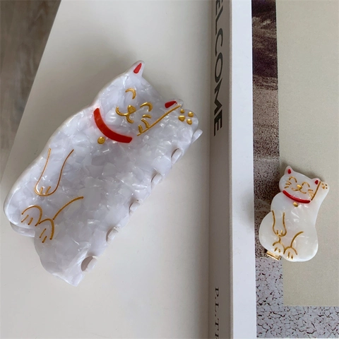 Cute Cartoon Lucky Cat Acetate Hair Claw Clip For Women Handmade Animal Design Duckbill Clip White Marble Texture Hair Accessories