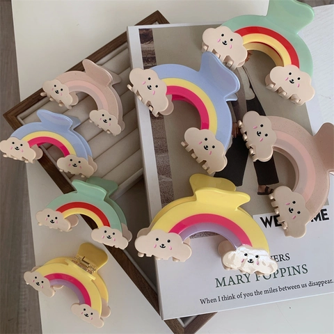 Cute Cartoon Rainbow Cloud Hair Claw Clip Acetate Macaron Color Smiling Face Shark Clip Fashion Hair Accessories For Women Girls