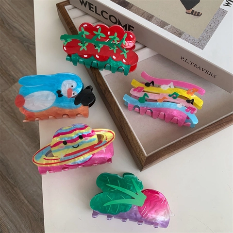 Mollette per Capelli Creative in Resina Plastica Grandi Colorate Pomodoro Pinguino Pianeta Nota Musicale Shark Clip Accessori Moda