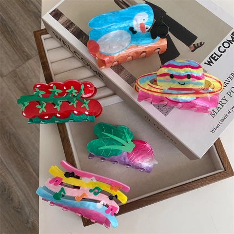 Mollette per Capelli Creative in Resina Plastica Grandi Colorate Pomodoro Pinguino Pianeta Nota Musicale Shark Clip Accessori Moda