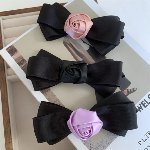 Handmade Satin Rose Bow Hair Clips French Sweet Elegant Floral Ribbon Hairpins For Women Wedding Party Hair Accessories