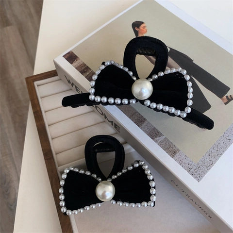 Elegante Molla per Capelli a Fiocco in Velluto per Donna Fermaglio Nero Vintage Con Decorazione in Perla Artificiale Accessori Capelli