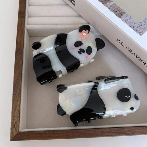 Cute Panda Acetate Hair Claw Clip For Women Girls Animal Shape Shark Clip Rhinestone Flower Hair Accessories Chinese Style