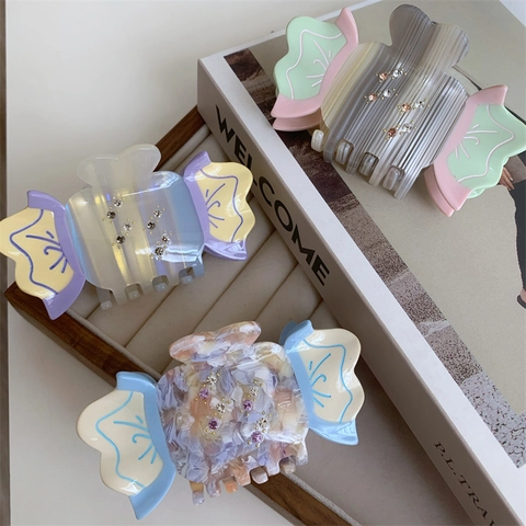 Zoete Acetaat Haarklem in Snoepvorm Met Strass-steentjes Kleurrijk Marmerpatroon Shark Clip Mode Haaraccessoires Voor Vrouwen