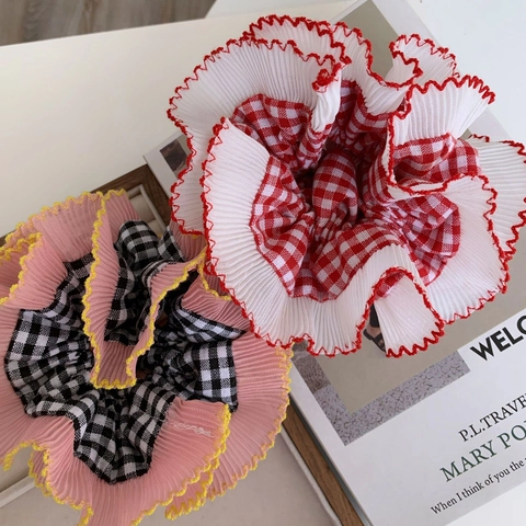 Ρετρό Πλισέ Καρό Scrunchies για Γυναίκες Λαστιχάκια Μαλλιών από Ύφασμα με Αντίθεση στις Άκρες Μεγάλα Αξεσουάρ Μαλλιών
