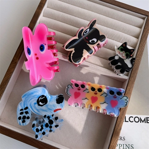 Süße Cartoon Tier Haarklammer Y2K Acetat Graffiti Druck Gepunkteter Hund Engel Shark Clip Für Damen Haarschmuck