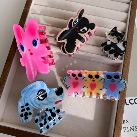 Süße Cartoon Tier Haarklammer Y2K Acetat Graffiti Druck Gepunkteter Hund Engel Shark Clip Für Damen Haarschmuck