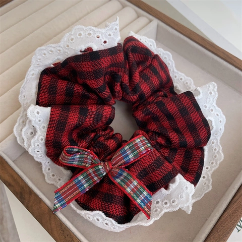 Red Plaid Scrunchies With Bow Soft Teddy Fleece Lace Trim Hair Ties Vintage Sweet Hair Accessories For Women New Year Party
