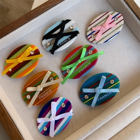 Niche Acetate Striped Bow Hair Clip Oval Duckbill Side Bangs Clip With Rhinestone France Letter Hair Accessories For Women