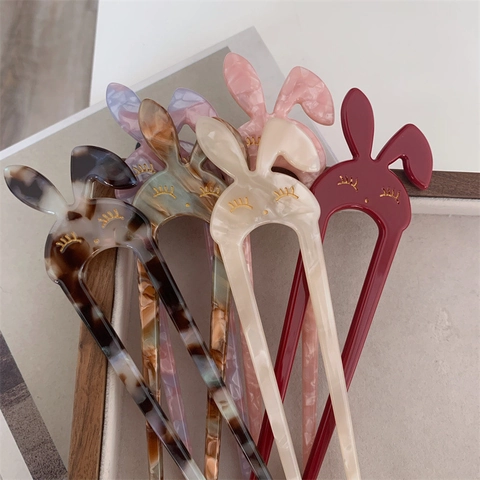 Palo para el Pelo de Acetato con Orejas de Conejo para Mujer Horquilla en U Patrón de Carey Mármol Accesorio de Peinado