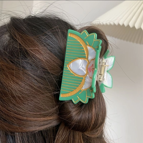 Vintage Acetaat Bloem Haarklem Fris Groen Wit Lelie Patroon Elegant Groot Haarsieraden Voor Dames
