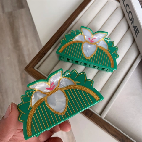 Vintage Acetaat Bloem Haarklem Fris Groen Wit Lelie Patroon Elegant Groot Haarsieraden Voor Dames