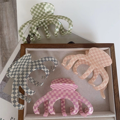 Große Schachbrett Haarkralle Vintage Karo Haarschmuck Retro Gitter Design Kunststoff Haarnadeln Für Damen Tägliches Styling
