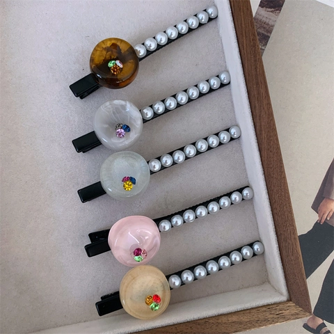 Korean Artificial Pearl Rhinestone Button Hair Clip Vintage Elegant Side Clip Resin Geometric Hairpin For Women Accessory