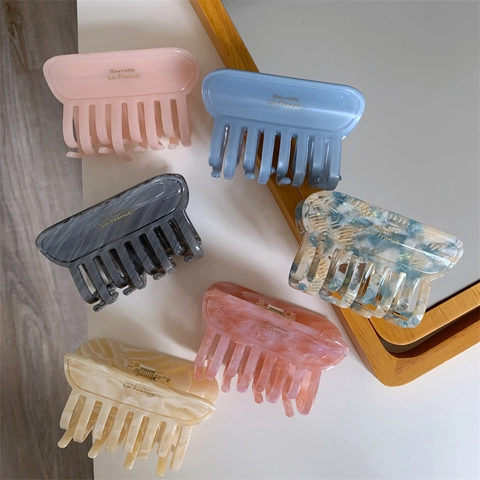 Elegante Pinza de Pelo Grande de Acetato para Mujer Textura de Mármol Color Sólido Rosa Gris Pasador Rectangular Accesorio