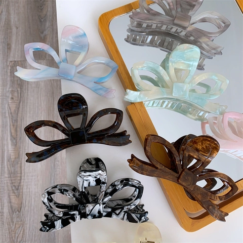 High Quality Thickened Acetate Bow Hair Claw Large Shark Clip Elegant Marble Tortoiseshell Pattern Hair Accessory For Women Long Hair Styling